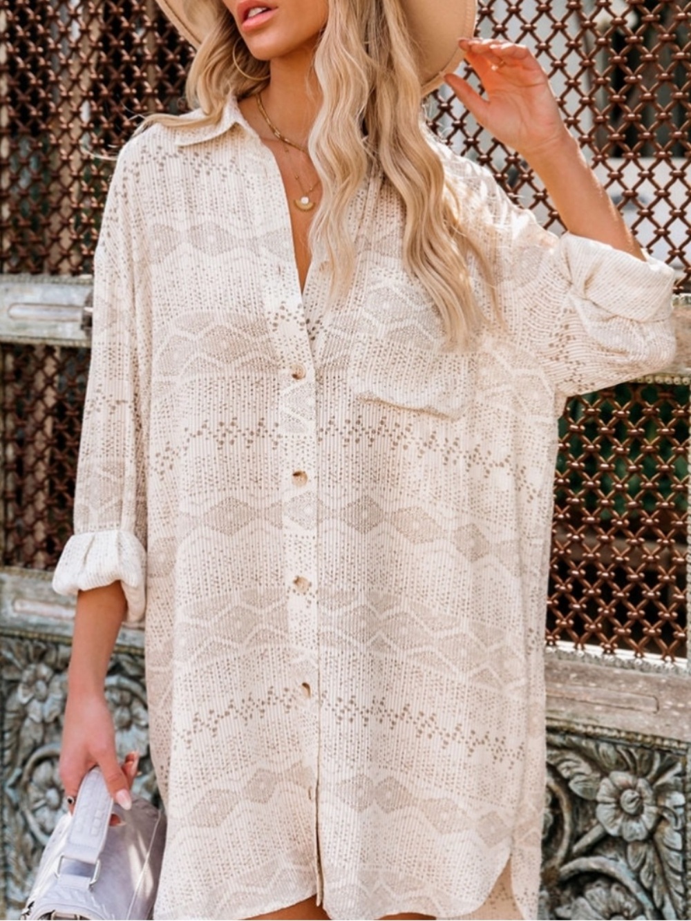 Vici Cream Train of Thought Button Down Long Sleeve Shirt Dress